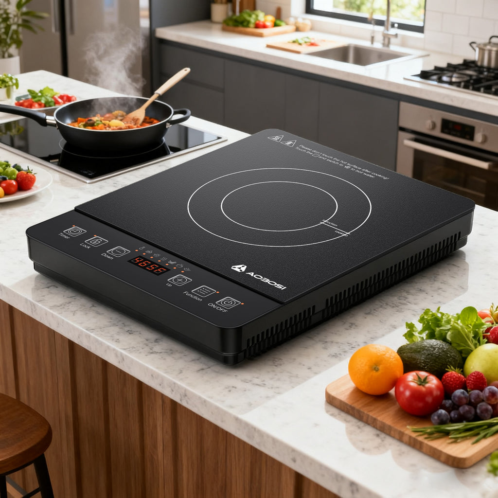 AOBOSI 1800W Portable Induction Cooker, Single-burner Countertop Induction Cooktop, LCD Screen, 17 Power Levels\u002F20 Temperature Levels, One-touch Control, with Timer And Child Lock, Keep Warm, Perfect for Christmas And Thanksgiving Gifts