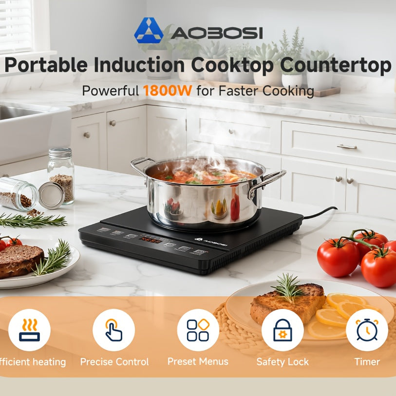 AOBOSI Portable Induction Cooktop, 1800W Fast And Efficient Cooking, Blue LCD Screen, 17 Power Levels\u002F20 Temperature Levels, Pause\u002Ftimer, One-touch Cooking, Three-stage Program, Suitable For Home Kitchens, Apartments, And As A Gift