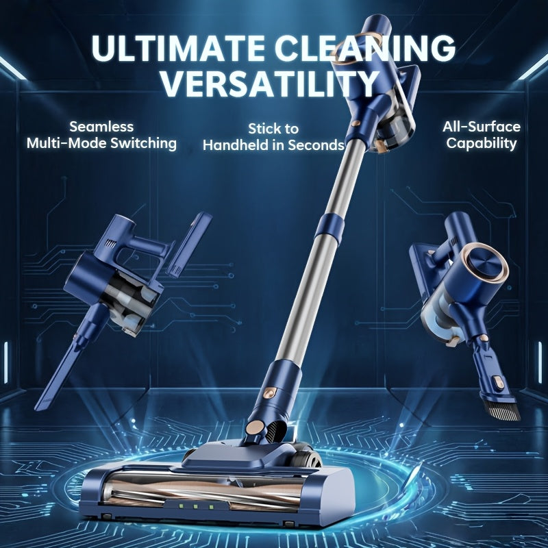 Navy Blue Cordless Vacuum Cleaner, 70Kpa Powerful Suction, LED Display, HEPA Filter, Anti-Tangle Brush, LED Headlight, Quiet 2-In-1 Lightweight Handheld Vacuum for Hard Floor, Carpet, Pet Hair