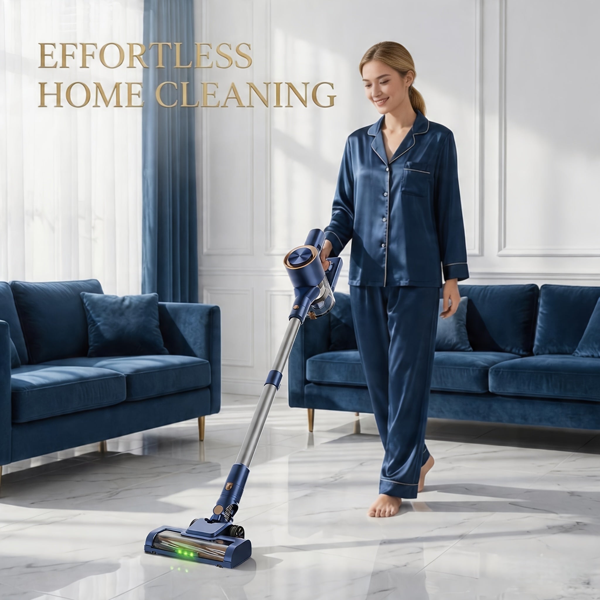 Navy Blue Cordless Vacuum Cleaner, 70Kpa Powerful Suction, LED Display, HEPA Filter, Anti-Tangle Brush, LED Headlight, Quiet 2-In-1 Lightweight Handheld Vacuum for Hard Floor, Carpet, Pet Hair