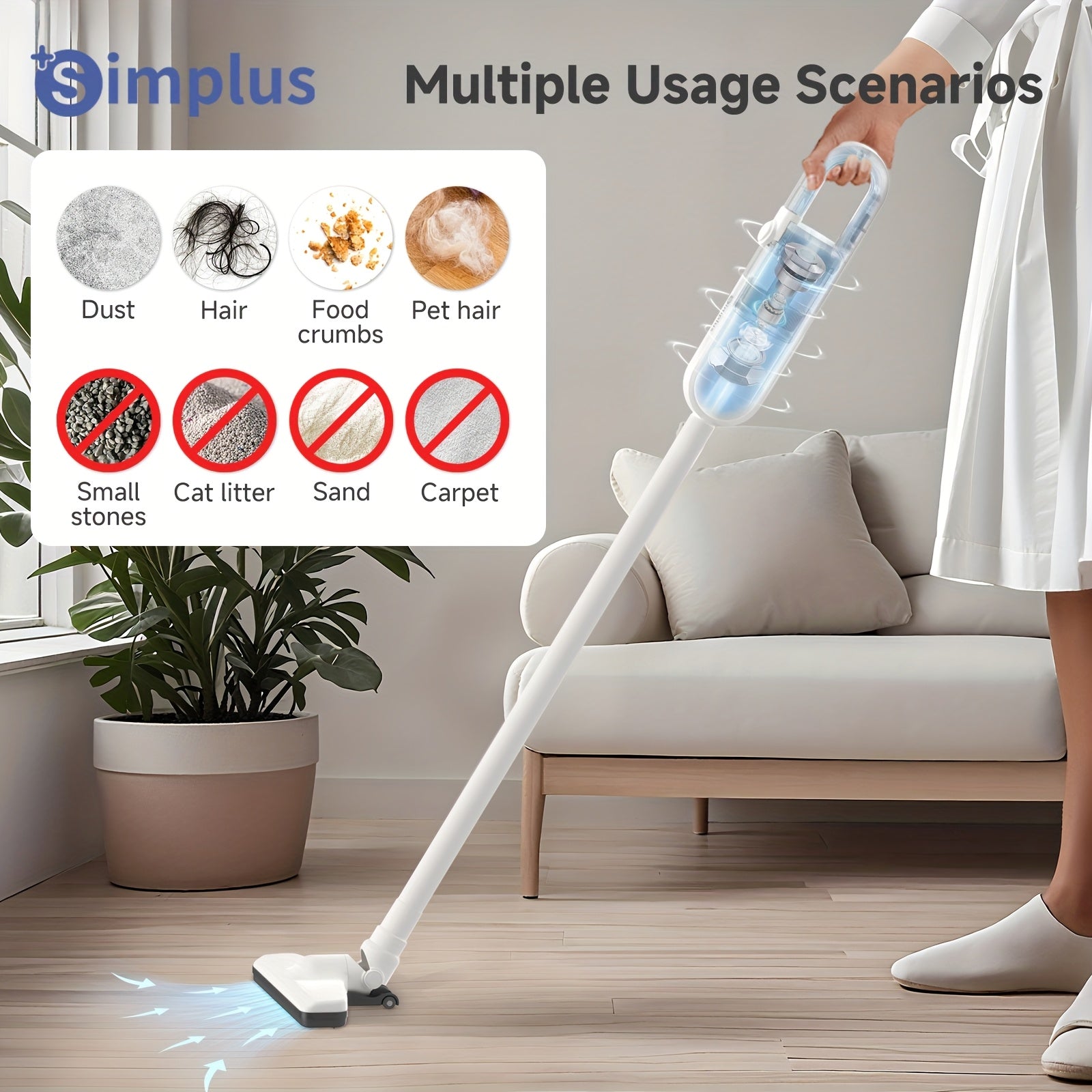 Simplus Cordless Vacuum Cleaner, Car Vacuum, Wireless Home Vacuum, Lightweight Portable, Long Battery Life, 2 Modes, Type-C Rechargeable, 3-Layer High-Efficiency Filtration, Low Noise, Anti-Hair Wrap