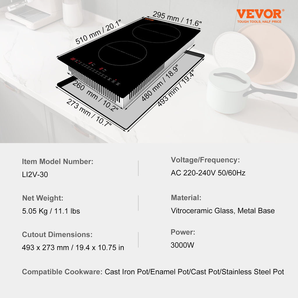 VEVOR Built-in Induction Cooktop, 12inch 2 Burners, 3000W\u002F220V Ceramic Glass Electric Stove Top with Sensor Touch Control, Timer & Child Lock Included, 9 Power Levels for Simmer Steam Slow Cook Fry