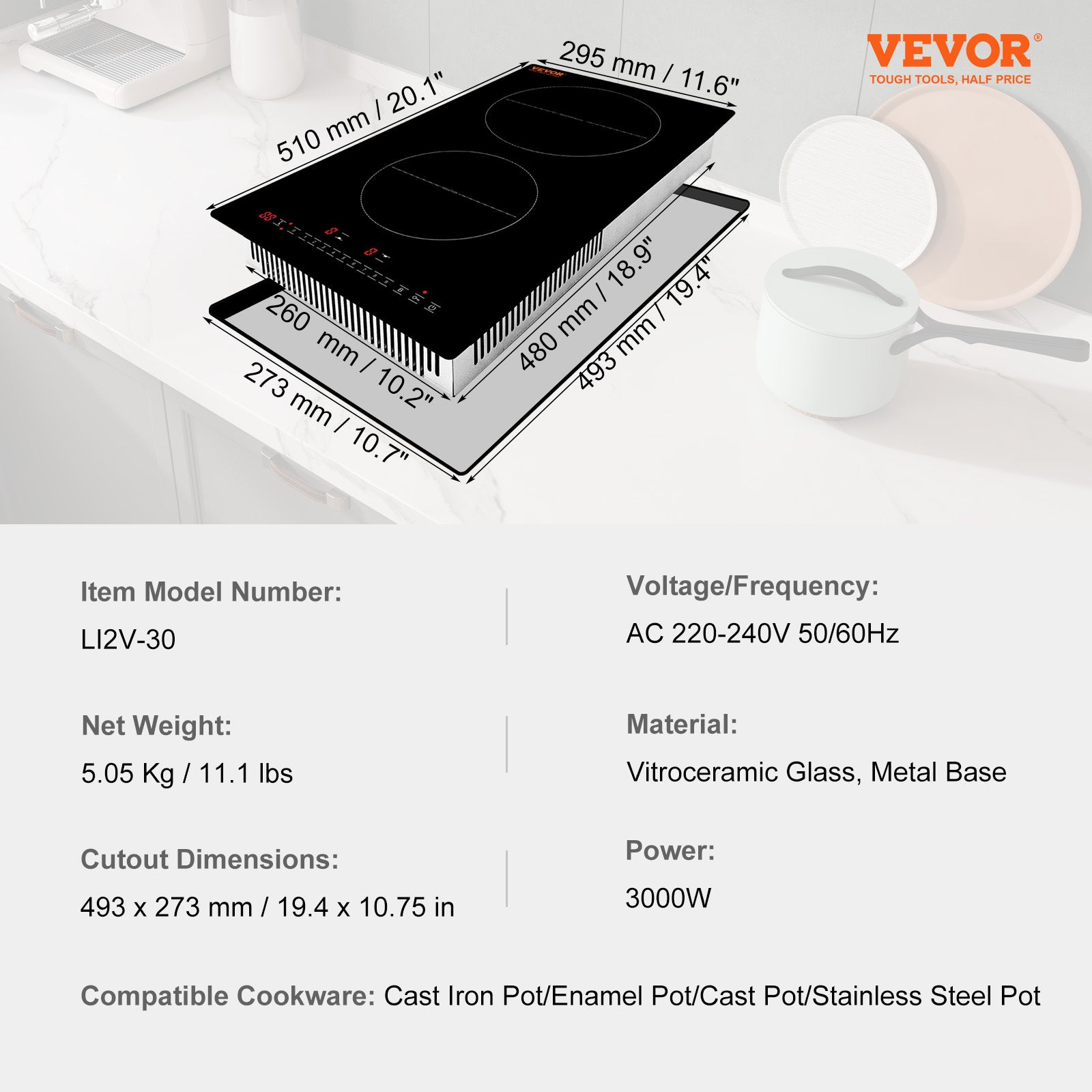VEVOR Built-in Induction Cooktop, 12inch 2 Burners, 3000W\u002F220V Ceramic Glass Electric Stove Top with Sensor Touch Control, Timer & Child Lock Included, 9 Power Levels for Simmer Steam Slow Cook Fry