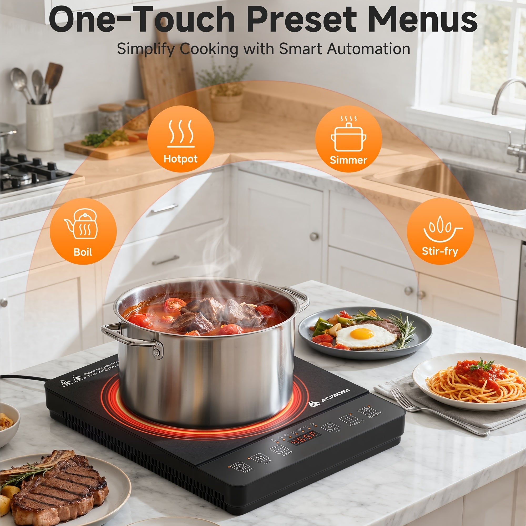 AOBOSI 1800W Portable Induction Cooker, Single-burner Countertop Induction Cooktop, LCD Screen, 17 Power Levels\u002F20 Temperature Levels, One-touch Control, with Timer And Child Lock, Keep Warm, Perfect for Christmas And Thanksgiving Gifts