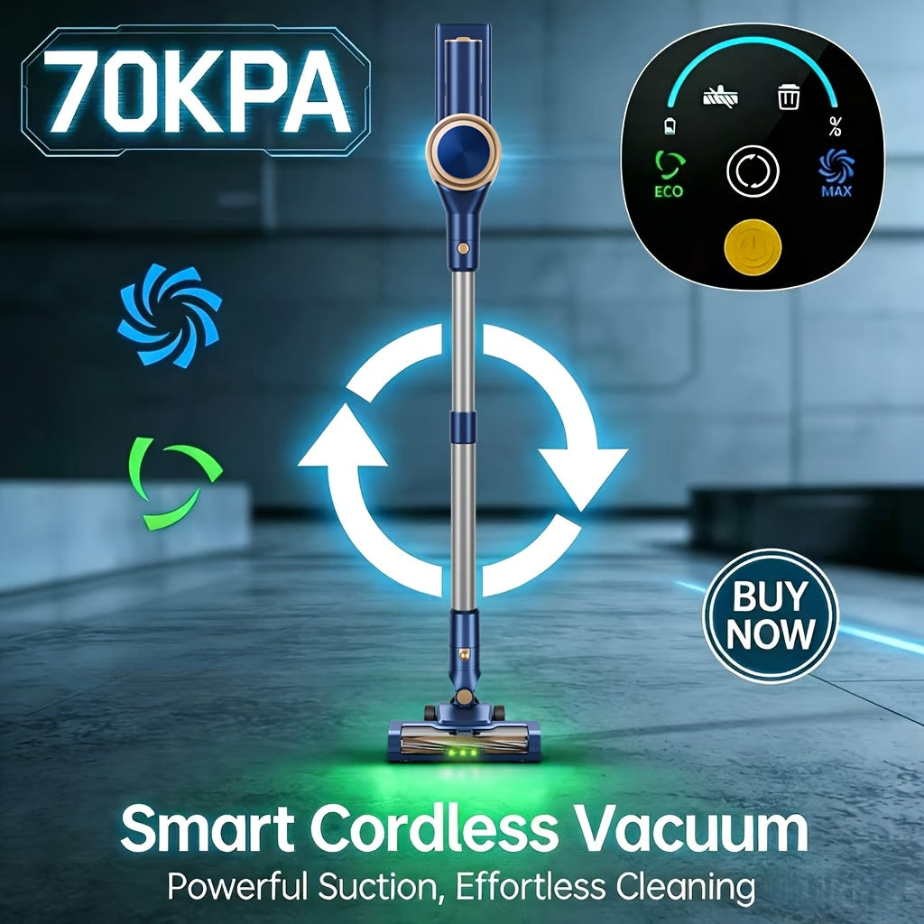 Navy Blue Cordless Vacuum Cleaner, 70Kpa Powerful Suction, LED Display, HEPA Filter, Anti-Tangle Brush, LED Headlight, Quiet 2-In-1 Lightweight Handheld Vacuum for Hard Floor, Carpet, Pet Hair