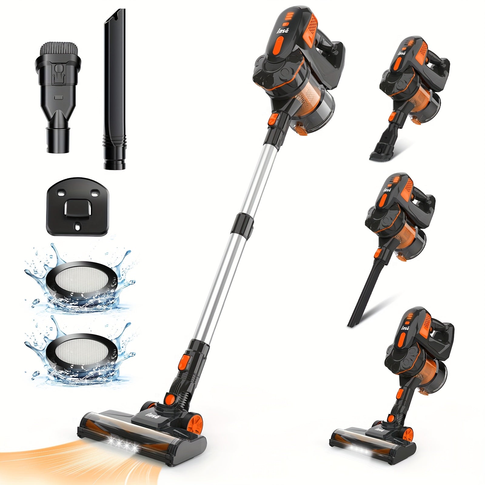 The INSE Portable Vacuum Cleaner Boasts a Strong 29KPA Suction Power, Making It Easy to Eliminate Pet Hair from Both Carpets And Wooden Floors. It Comes with an Led-Lit Nozzle And Various Attachments, Perfect for Tidying Up Car Interiors