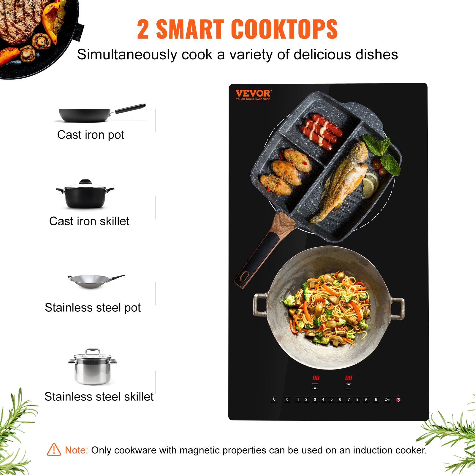 VEVOR Built-in Induction Cooktop, 12inch 2 Burners, 3000W\u002F220V Ceramic Glass Electric Stove Top with Sensor Touch Control, Timer & Child Lock Included, 9 Power Levels for Simmer Steam Slow Cook Fry