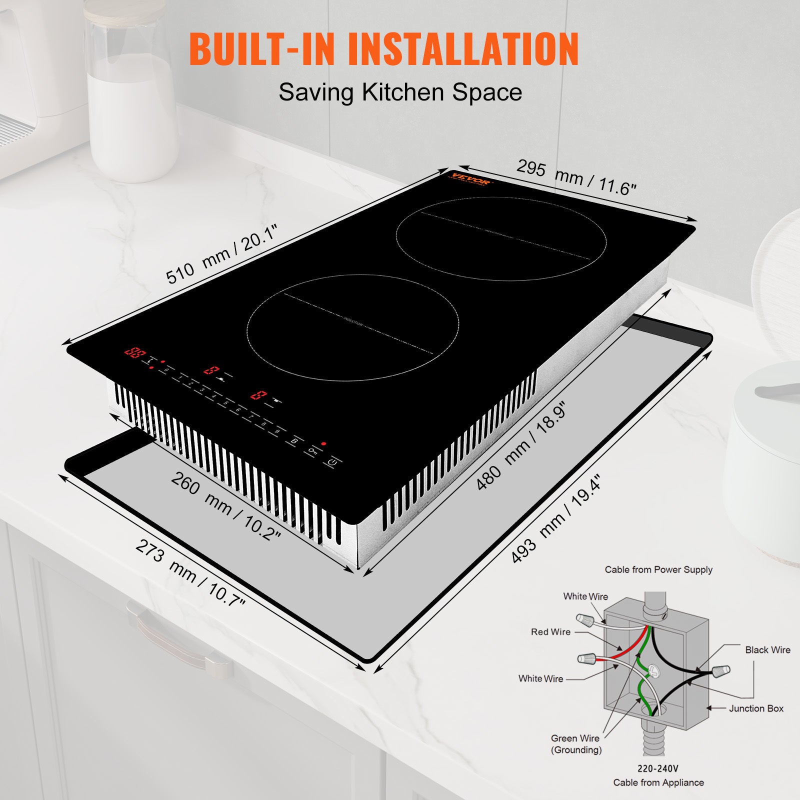 VEVOR Built-in Induction Cooktop, 12inch 2 Burners, 3000W\u002F220V Ceramic Glass Electric Stove Top with Sensor Touch Control, Timer & Child Lock Included, 9 Power Levels for Simmer Steam Slow Cook Fry