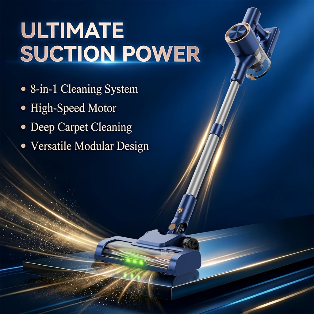 Navy Blue Cordless Vacuum Cleaner, 70Kpa Powerful Suction, LED Display, HEPA Filter, Anti-Tangle Brush, LED Headlight, Quiet 2-In-1 Lightweight Handheld Vacuum for Hard Floor, Carpet, Pet Hair