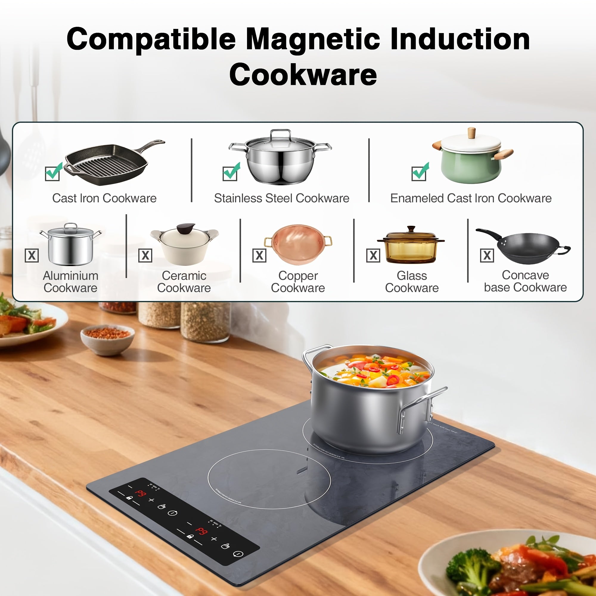 2100W Double Induction Cooktop Portable 12-Inch Electric Cooktop with 120V Induction Burner, Safety Lock, Auto Shutoff Timer, 9 Heating Levels, And Overheat Protection