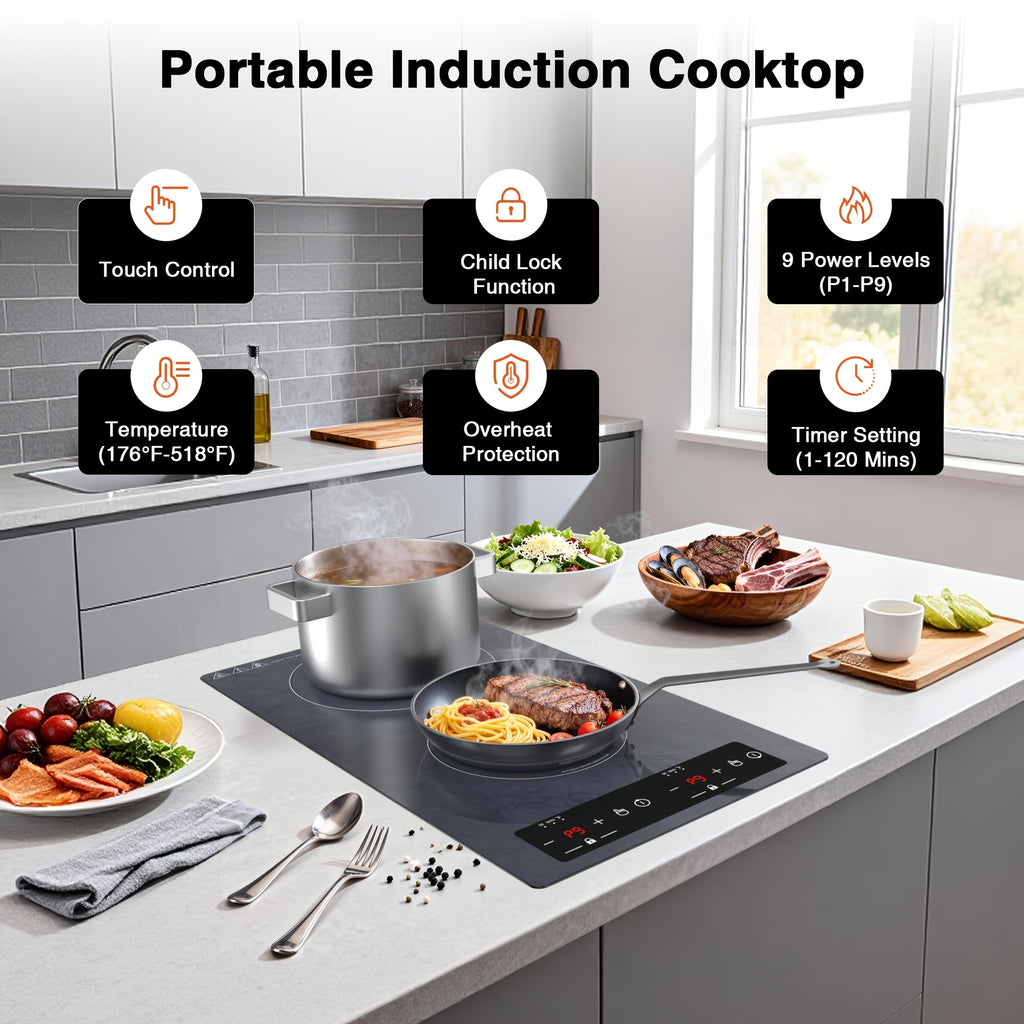 2100W Double Induction Cooktop Portable 12-Inch Electric Cooktop with 120V Induction Burner, Safety Lock, Auto Shutoff Timer, 9 Heating Levels, And Overheat Protection