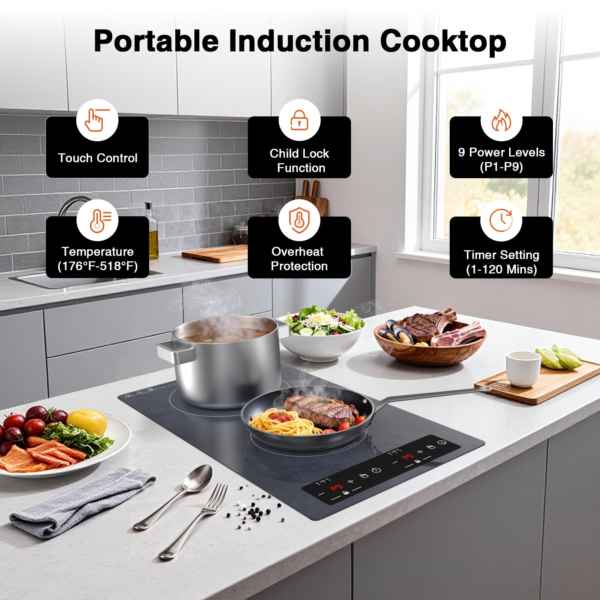 2100W Double Induction Cooktop Portable 12-Inch Electric Cooktop with 120V Induction Burner, Safety Lock, Auto Shutoff Timer, 9 Heating Levels, And Overheat Protection