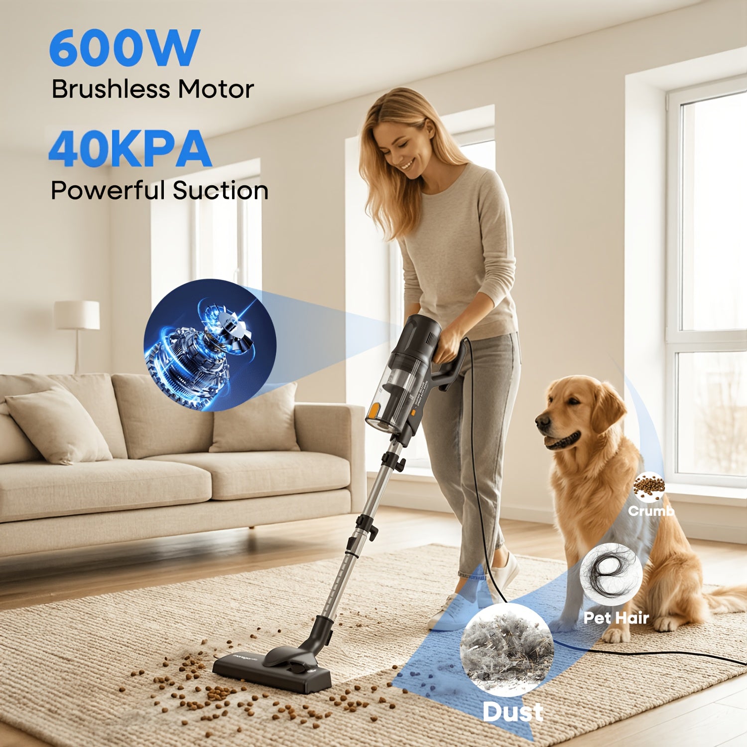 40KPA 600W Stick Vacuum Cleaner Corded, Corded Vacuum for Home Cleaning, Lightweight Vacuum Cleaner, Carpet Vacuum, Hard Floor Vacuum, Pet Hair Vacuum