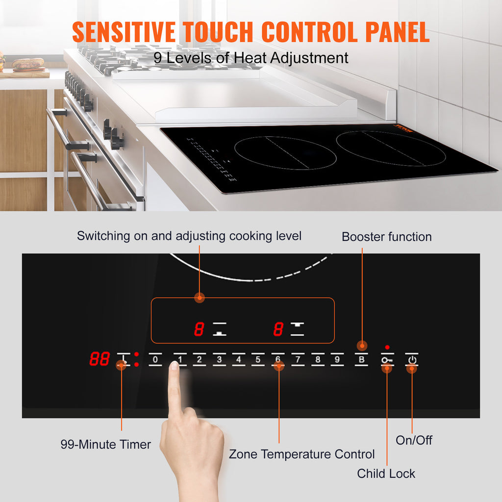 VEVOR Built-in Induction Cooktop, 12inch 2 Burners, 3000W\u002F220V Ceramic Glass Electric Stove Top with Sensor Touch Control, Timer & Child Lock Included, 9 Power Levels for Simmer Steam Slow Cook Fry