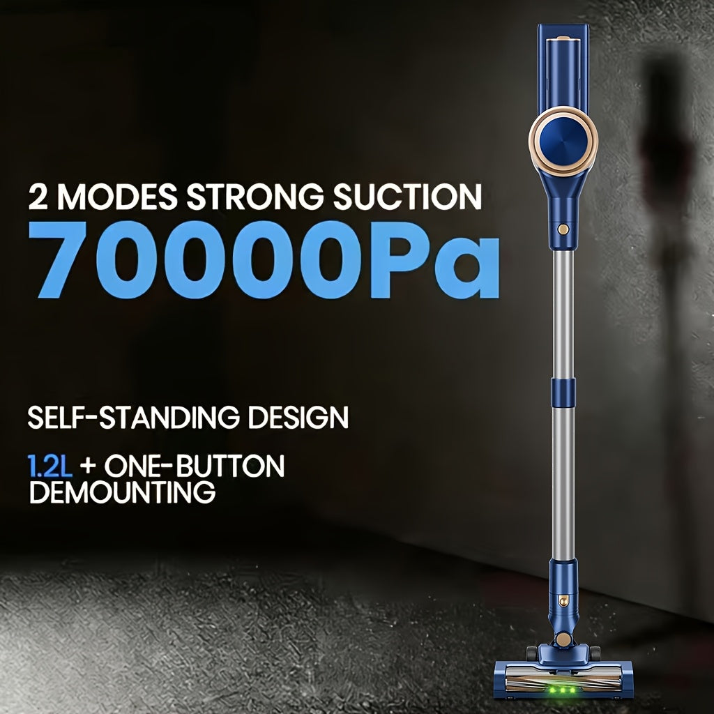 Navy Blue Cordless Vacuum Cleaner, 70Kpa Powerful Suction, LED Display, HEPA Filter, Anti-Tangle Brush, LED Headlight, Quiet 2-In-1 Lightweight Handheld Vacuum for Hard Floor, Carpet, Pet Hair