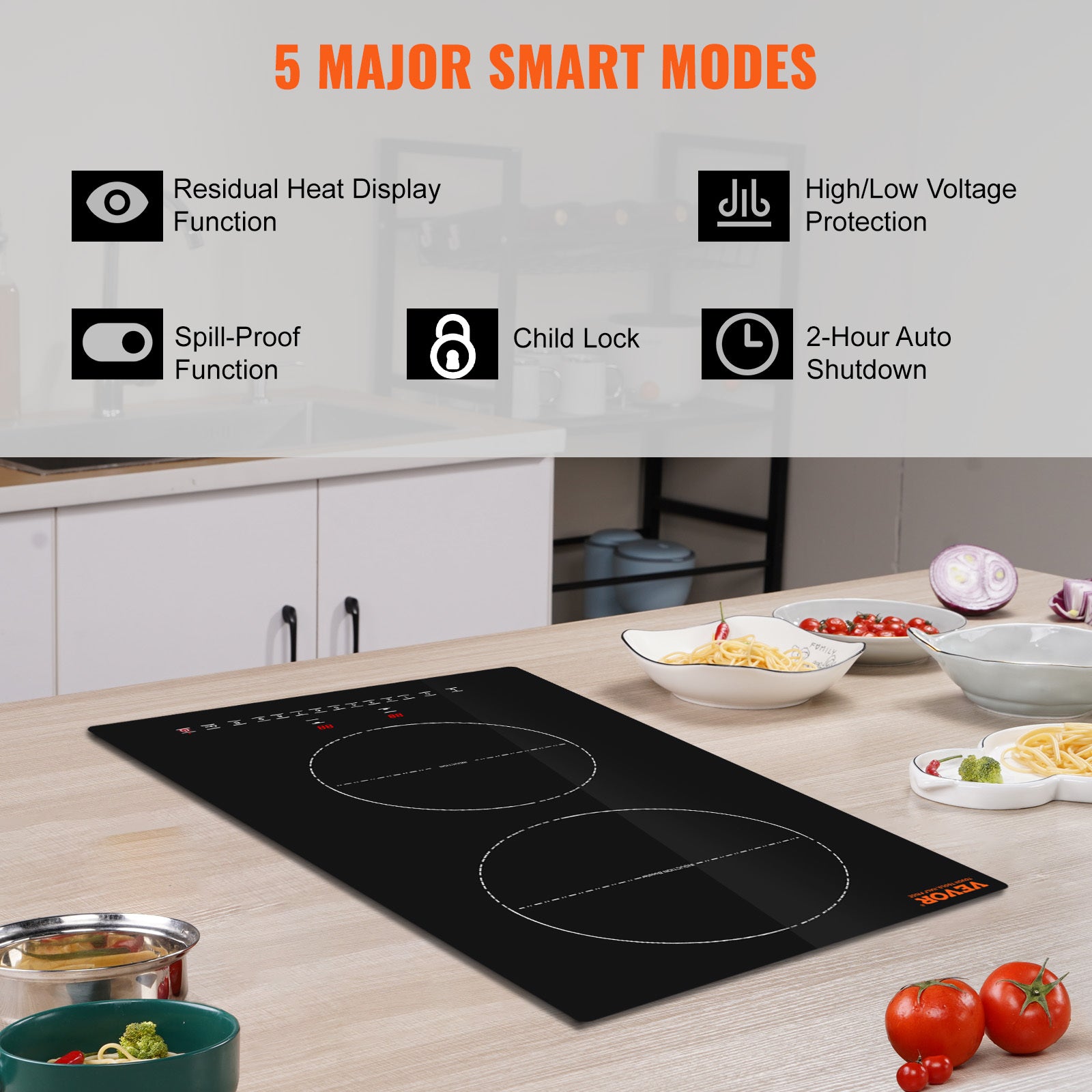 VEVOR Built-in Induction Cooktop, 12inch 2 Burners, 3000W\u002F220V Ceramic Glass Electric Stove Top with Sensor Touch Control, Timer & Child Lock Included, 9 Power Levels for Simmer Steam Slow Cook Fry